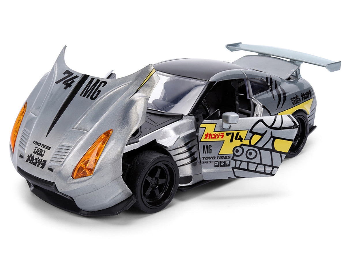 2009 Nissan GT-R (R35) Ben Sopra Brushed Metal with Black Top and Graphics and Mechagodzilla Diecast Figure "Godzilla" Franchise "Anime Hollywood Rides" Series 1/24 Diecast Model by Jada by Jada
