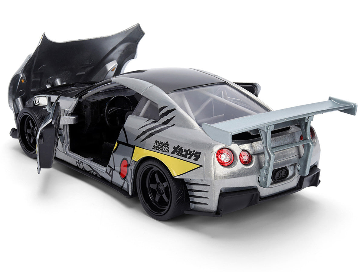 2009 Nissan GT-R (R35) Ben Sopra Brushed Metal with Black Top and Graphics and Mechagodzilla Diecast Figure "Godzilla" Franchise "Anime Hollywood Rides" Series 1/24 Diecast Model by Jada by Jada