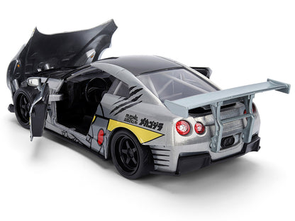 2009 Nissan GT-R (R35) Ben Sopra Brushed Metal with Black Top and Graphics and Mechagodzilla Diecast Figure "Godzilla" Franchise "Anime Hollywood Rides" Series 1/24 Diecast Model by Jada by Jada