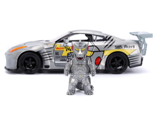 2009 Nissan GT-R (R35) Ben Sopra Brushed Metal with Black Top and Graphics and Mechagodzilla Diecast Figure "Godzilla" Franchise "Anime Hollywood Rides" Series 1/24 Diecast Model by Jada by Jada
