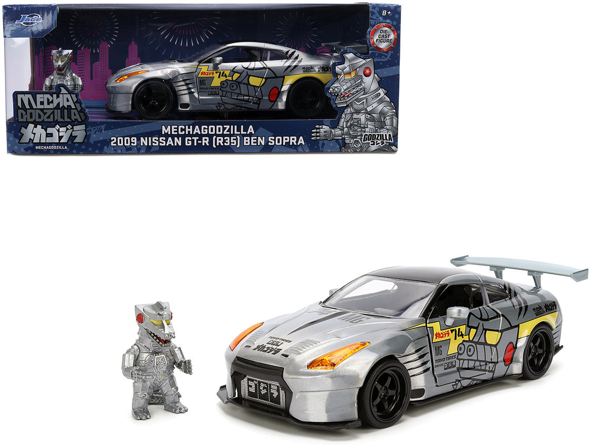 2009 Nissan GT-R (R35) Ben Sopra Brushed Metal with Black Top and Graphics and Mechagodzilla Diecast Figure "Godzilla" Franchise "Anime Hollywood Rides" Series 1/24 Diecast Model by Jada by Jada