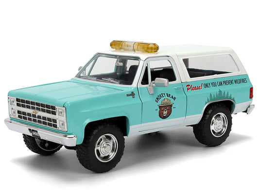 1980 Chevrolet Blazer Light Green with White Top and Graphics and Smokey Bear Diecast Figure "Smokey Bear" "Hollywood Rides" Series 1/24 Diecast Model by Jada by Jada