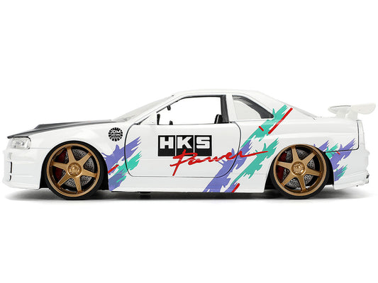 2002 Nissan Skyline GT-R (R34) RHD (Right Hand Drive) "HKS Power" White with Carbon Hood and Graphics "JDM Tuners" Series 1/24 Diecast Model Car by Jada by Jada
