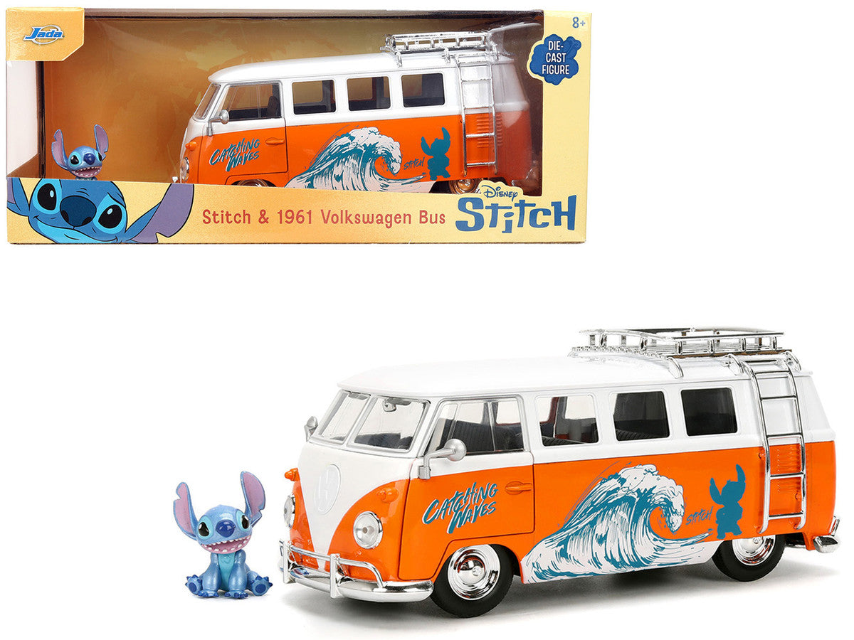 1961 Volkswagen Bus "Catching Waves" White and Orange with Stich Diecast Figure "Disney's Stitch" "Hollywood Rides" Series 1/24 Diecast Model by Jada by Jada