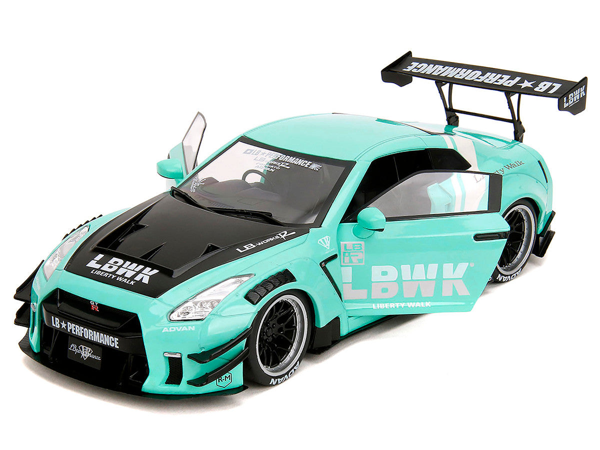 Nissan GT-R (R35) Liberty Walk Body Kit 2.0 RHD (Right Hand Drive) Light Blue with Black Hood and White Stripes "Pink Slips" Series 1/18 Diecast Model Car by Jada by Jada