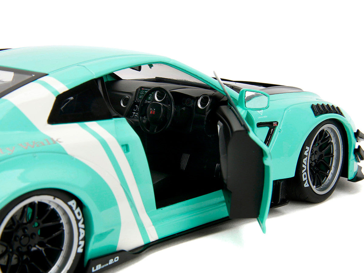 Nissan GT-R (R35) Liberty Walk Body Kit 2.0 RHD (Right Hand Drive) Light Blue with Black Hood and White Stripes "Pink Slips" Series 1/18 Diecast Model Car by Jada by Jada