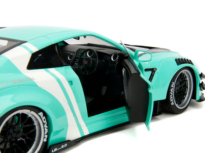 Nissan GT-R (R35) Liberty Walk Body Kit 2.0 RHD (Right Hand Drive) Light Blue with Black Hood and White Stripes "Pink Slips" Series 1/18 Diecast Model Car by Jada by Jada