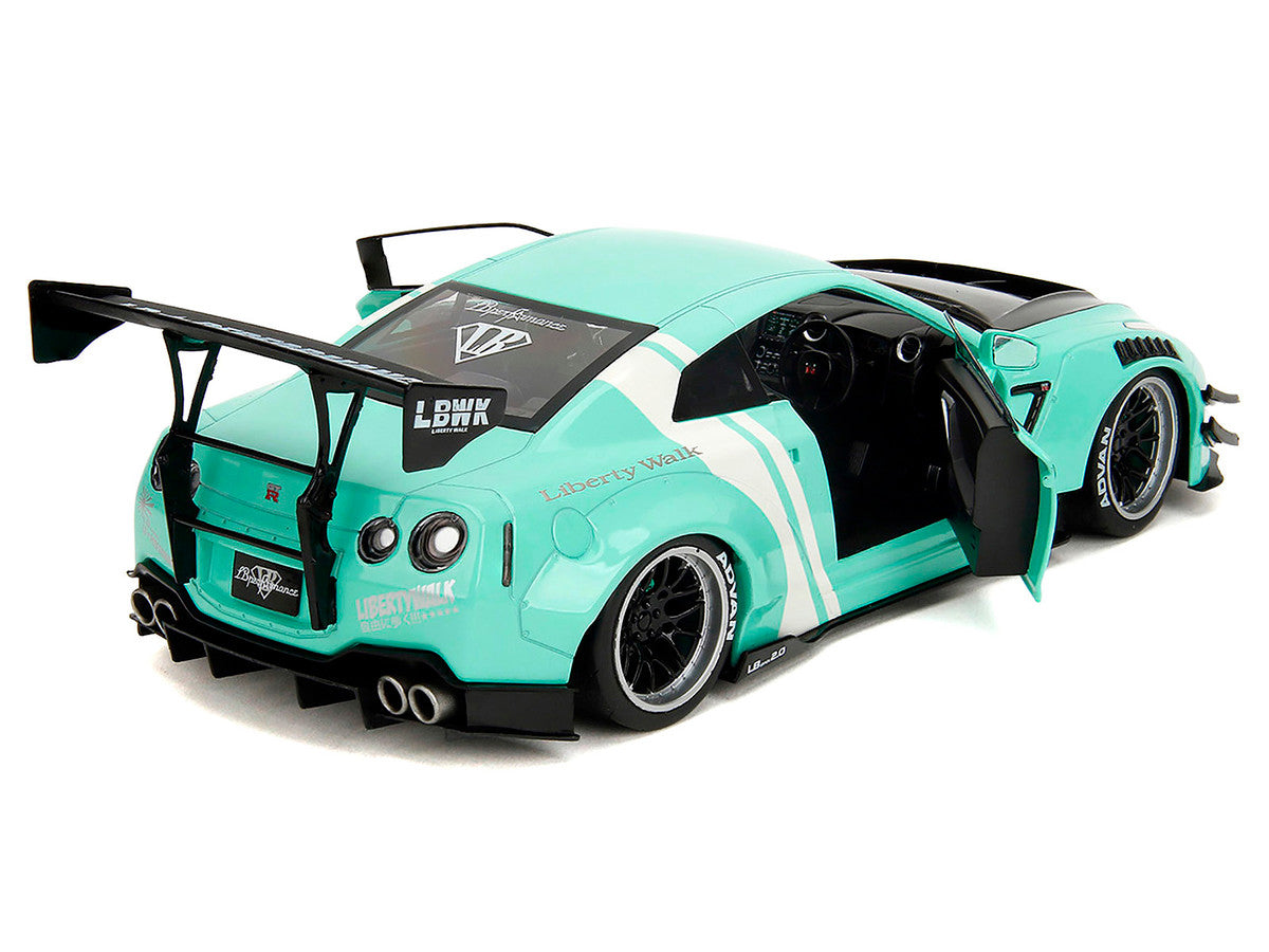 Nissan GT-R (R35) Liberty Walk Body Kit 2.0 RHD (Right Hand Drive) Light Blue with Black Hood and White Stripes "Pink Slips" Series 1/18 Diecast Model Car by Jada by Jada