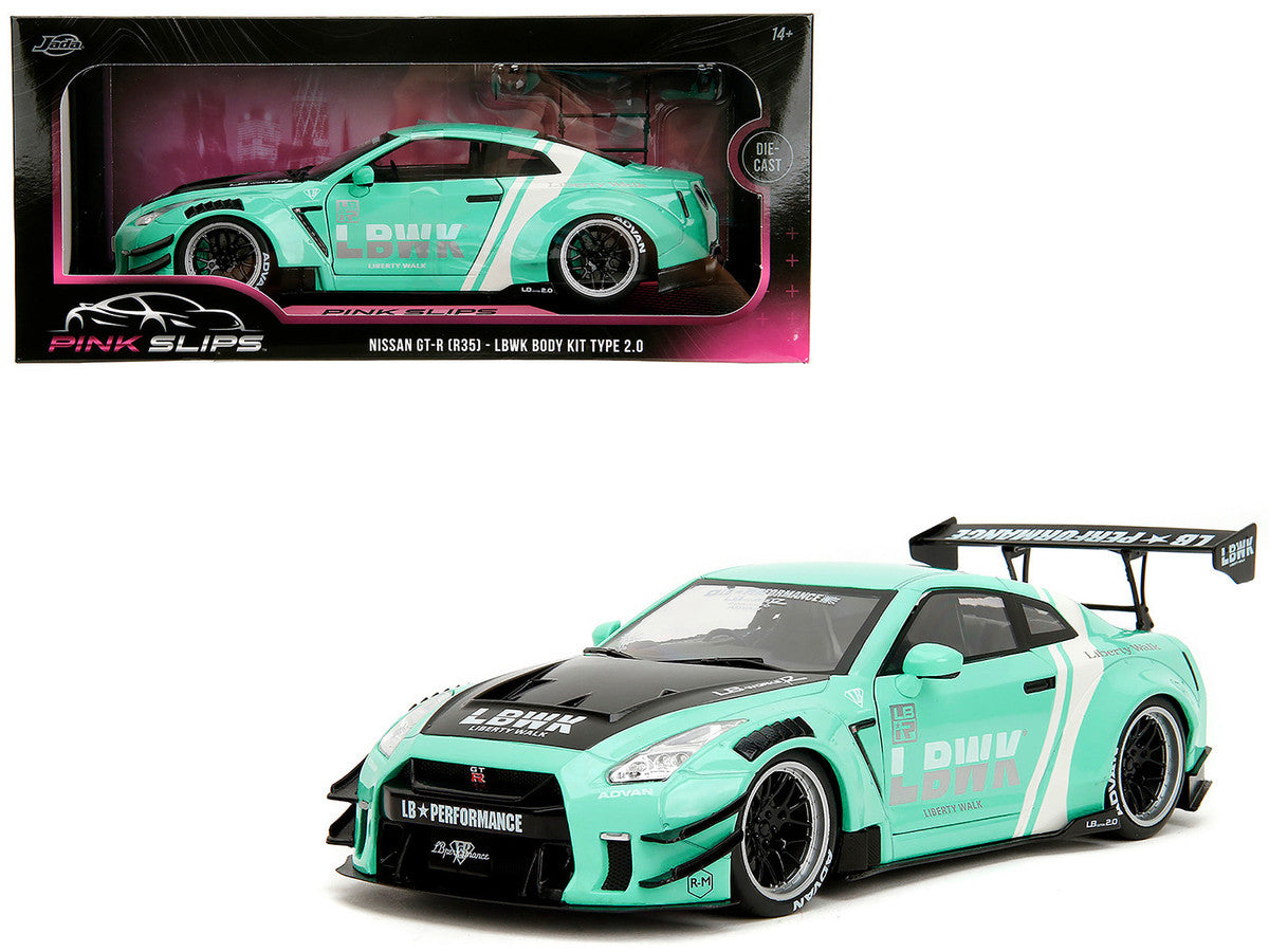Nissan GT-R (R35) Liberty Walk Body Kit 2.0 RHD (Right Hand Drive) Light Blue with Black Hood and White Stripes "Pink Slips" Series 1/18 Diecast Model Car by Jada by Jada