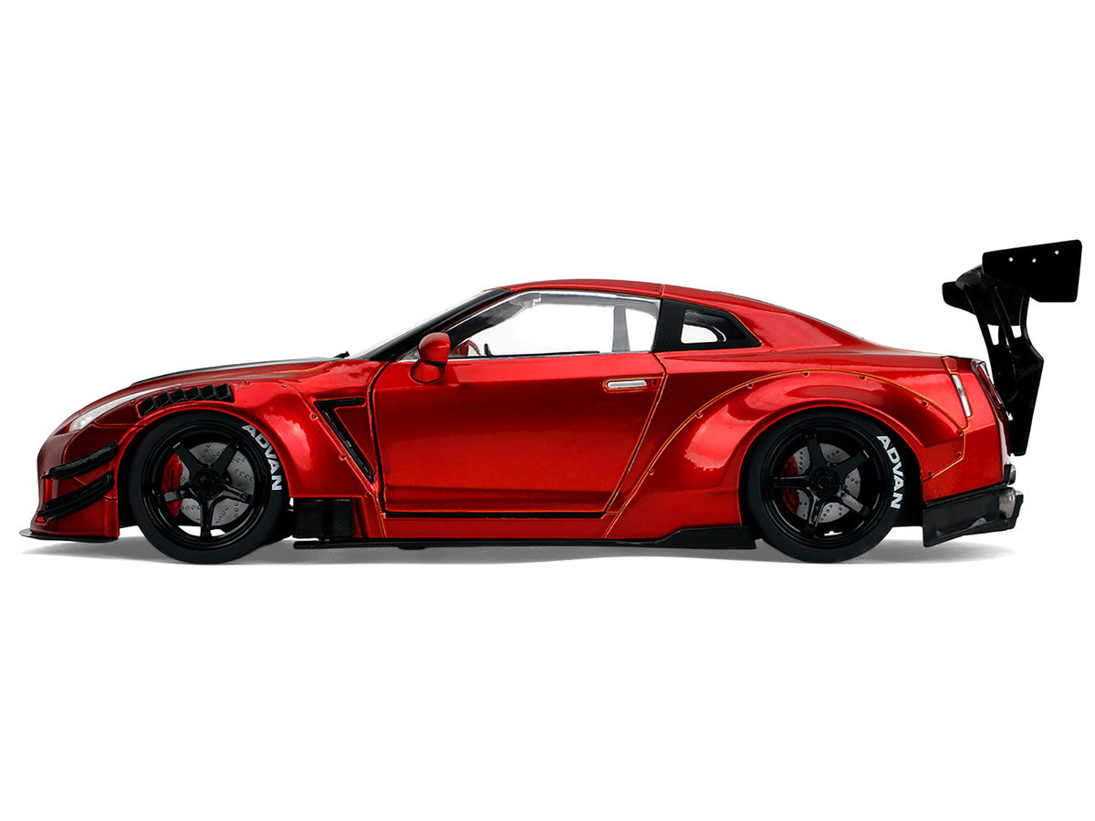 Nissan GT-R (R35) Liberty Walk Body Kit 2.0 RHD (Right Hand Drive) Red Metallic with Carbon Hood "Pink Slips" Series 1/18 Diecast Model Car by Jada by Jada