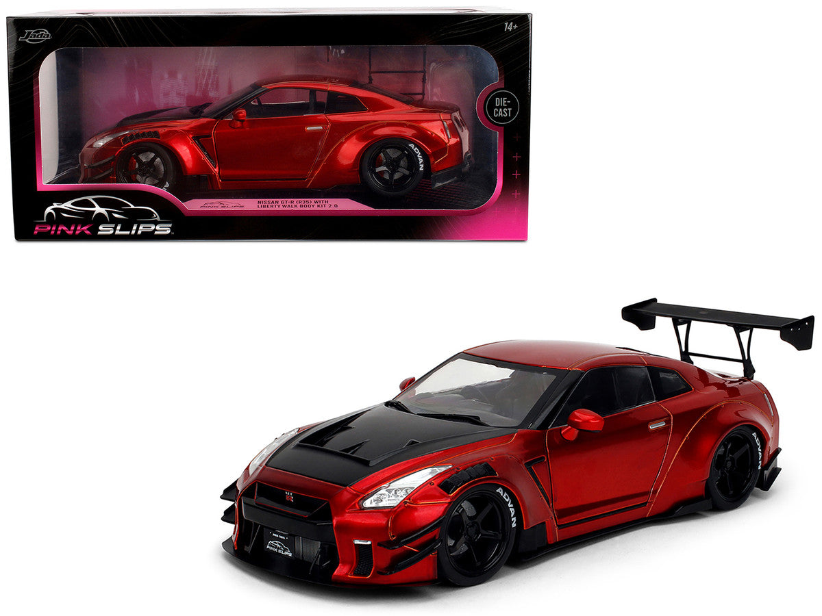 Nissan GT-R (R35) Liberty Walk Body Kit 2.0 RHD (Right Hand Drive) Red Metallic with Carbon Hood "Pink Slips" Series 1/18 Diecast Model Car by Jada by Jada