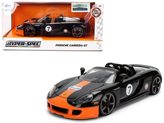 Porsche Carrera GT Convertible #7 "Gulf Oil" Black with Orange Graphics "Hyper-Spec" Series 1/24 Diecast Model Car by Jada by Jada