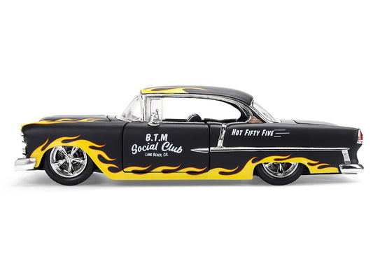 1955 Chevrolet Bel Air "BTM Social Club" Matt Black with Flames "Bigtime Muscle" Series 1/24 Diecast Model Car by Jada by Jada