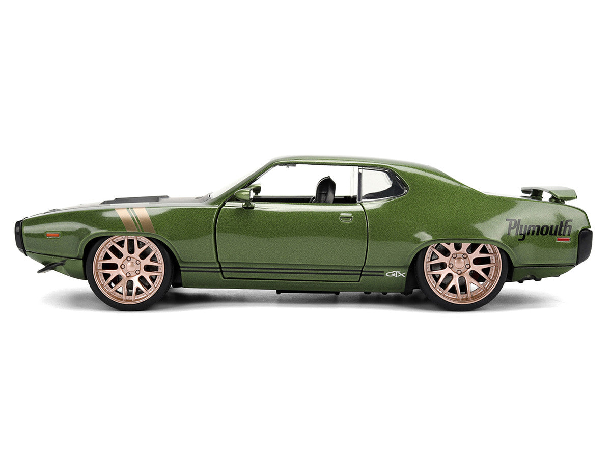 1972 Plymouth GTX Green Metallic with Matt Black Hood and Gold Stripes "Bigtime Muscle" Series 1/24 Diecast Model Car by Jada by Jada