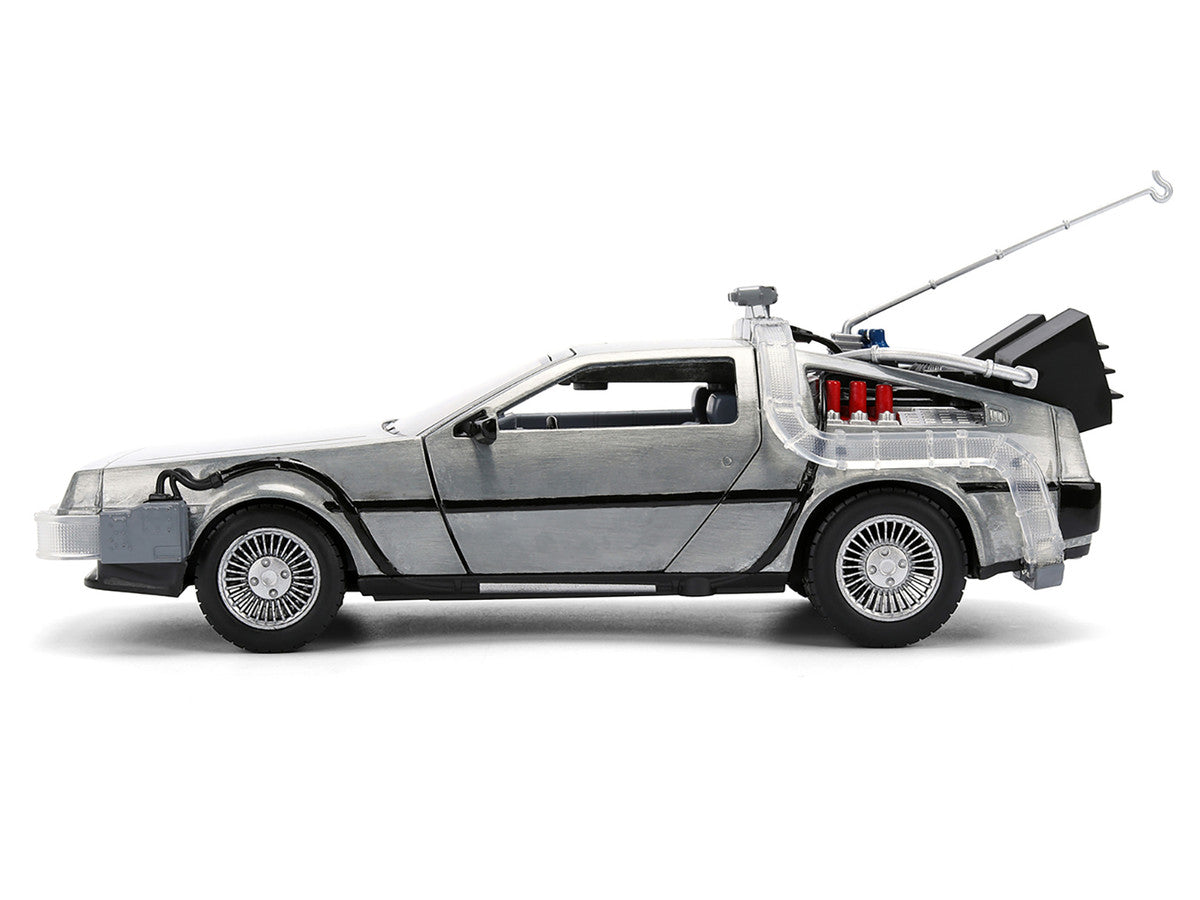 DeLorean Brushed Metal Time Machine with Lights "Back to the Future" (1985) Movie "40th Anniversary" Special Packaging "Hollywood Rides" Series 1/24 Diecast Model Car by Jada by Jada