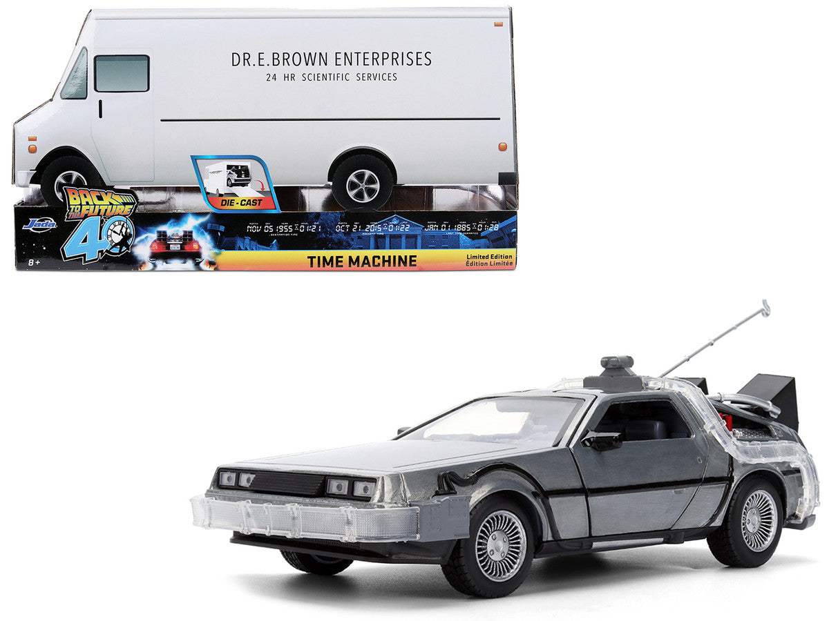 DeLorean Brushed Metal Time Machine with Lights "Back to the Future" (1985) Movie "40th Anniversary" Special Packaging "Hollywood Rides" Series 1/24 Diecast Model Car by Jada by Jada