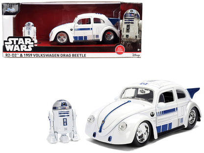 1959 Volkswagen Drag Beetle White with Graphics and R2-D2 Figure "Star Wars" Franchise "Hollywood Rides" Series 1/24 Diecast Model Car by Jada by Jada