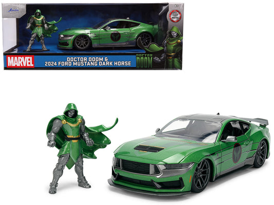 2024 Ford Mustang Dark Horse Green Metallic with Gray Top and Graphic with Doctor Doom Diecast Figure "Marvel's Doctor Doom" Character "Hollywood Rides" Series 1/24 Diecast Model Car by Jada by Jada