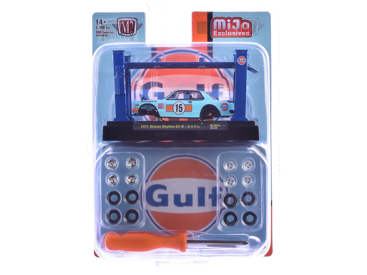 1971 Nissan Skyline GT-R RHD (Right Hand Drive) #15 "Gulf Oil" Light Blue and Orange "Auto-Lifts" Series Limited Edition to 3300 pieces Worldwide 1/64 Diecast Model Car by M2 Machines by M2