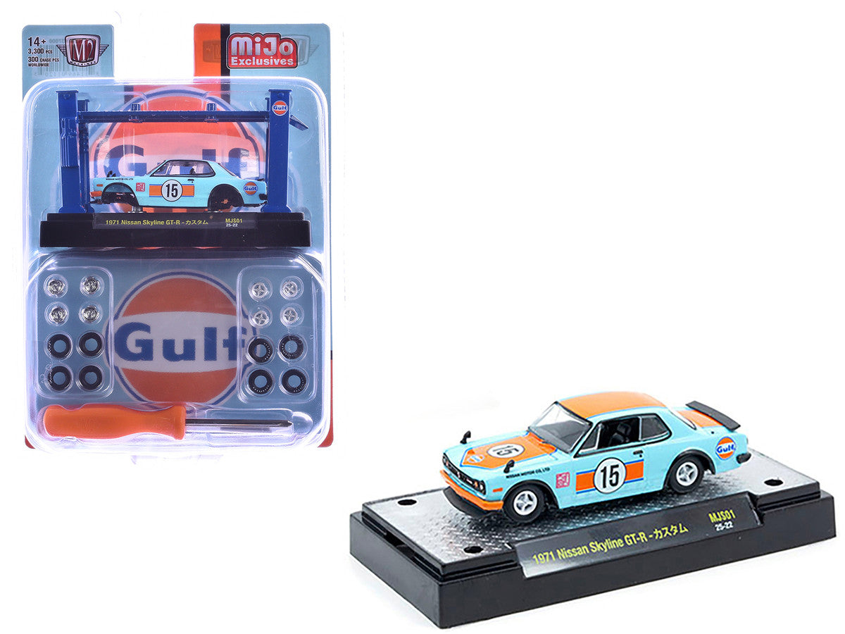 1971 Nissan Skyline GT-R RHD (Right Hand Drive) #15 "Gulf Oil" Light Blue and Orange "Auto-Lifts" Series Limited Edition to 3300 pieces Worldwide 1/64 Diecast Model Car by M2 Machines by M2