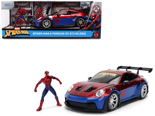 Porsche 911 GT3 RS (992) Red and Blue with Graphics and Spider-Man Diecast Figure "Marvel Spider-Man" "Hollywood Rides" Series 1/24 Diecast Model Car by Jada by Jada