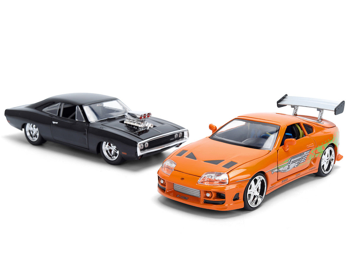 Dom's 1970 Dodge Charger R/T Black and Brian's Toyota Supra Orange with Graphics Set of 2 Cars "Fast & Furious 25th Anniversary" "Fast & Furious" Series 1/24 Diecast Model Cars by Jada by Jada