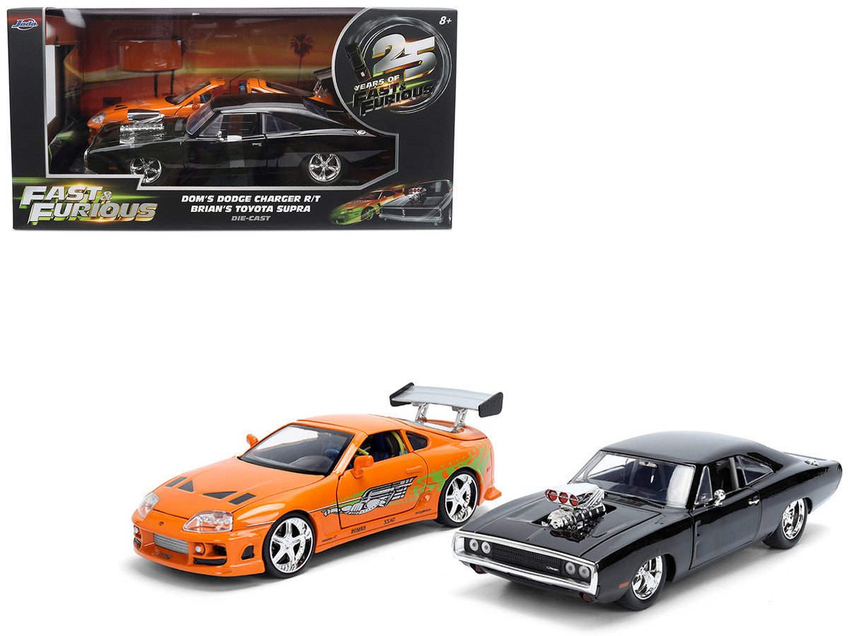 Dom's 1970 Dodge Charger R/T Black and Brian's Toyota Supra Orange with Graphics Set of 2 Cars "Fast & Furious 25th Anniversary" "Fast & Furious" Series 1/24 Diecast Model Cars by Jada by Jada