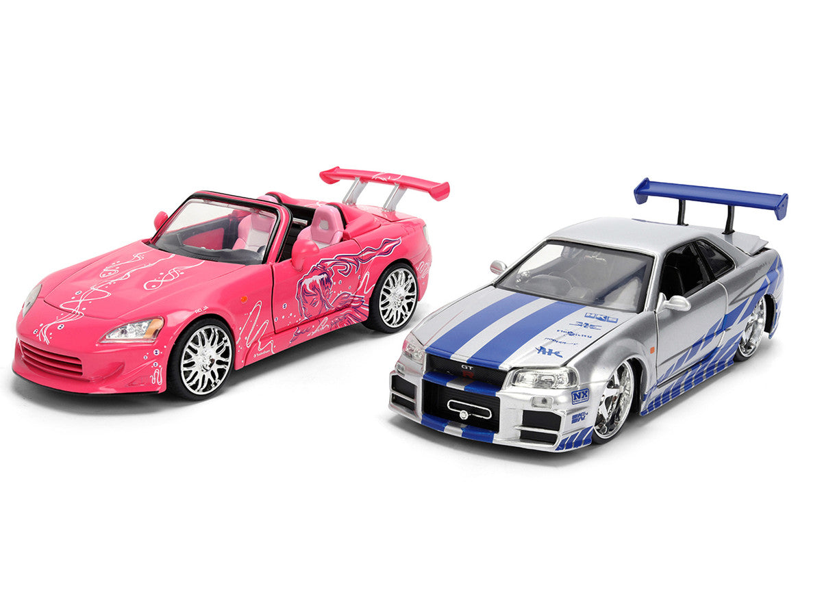 Brian's Nissan Skyline GT-R (R34) Silver Metallic with Blue Stripes and Suki's Honda S2000 Pink with Graphics Set of 2 Cars "Fast & Furious 25th Anniversary" "Fast & Furious" Series 1/24 Diecast Model Cars by Jada by Jada