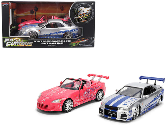 Brian's Nissan Skyline GT-R (R34) Silver Metallic with Blue Stripes and Suki's Honda S2000 Pink with Graphics Set of 2 Cars "Fast & Furious 25th Anniversary" "Fast & Furious" Series 1/24 Diecast Model Cars by Jada by Jada