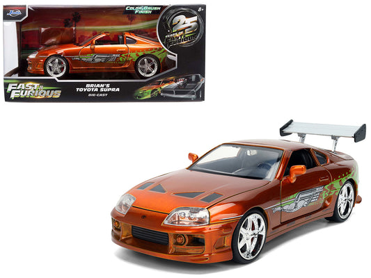 Brian's Toyota Supra Orange Color Brush Finish 25 Years of Fast & Furious Anniversary "The Fast and the Furious" (2001) Movie "Fast & Furious" Series 1/24 Diecast Model Car by Jada by Jada