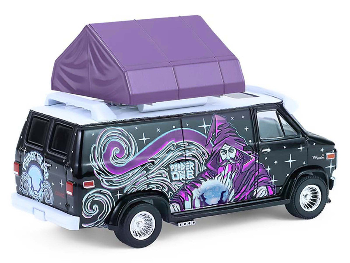 1978 GMC Vandura Custom Van Black with Wizard Graphics and White Top with Camp'otel Cartop Sleeper Tent "The Great Outdoors" Series 4 1/64 Diecast Model Car by Greenlight by Greenlight