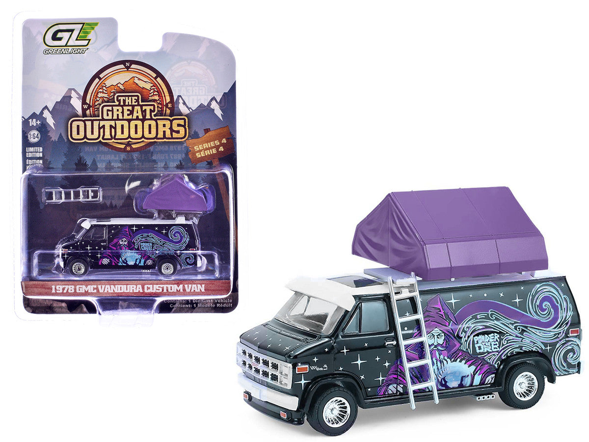 1978 GMC Vandura Custom Van Black with Wizard Graphics and White Top with Camp'otel Cartop Sleeper Tent "The Great Outdoors" Series 4 1/64 Diecast Model Car by Greenlight by Greenlight