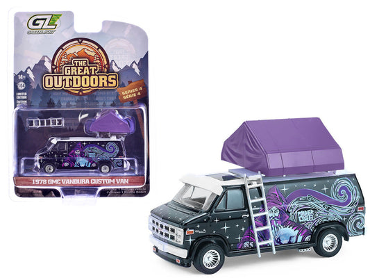1978 GMC Vandura Custom Van Black with Wizard Graphics and White Top with Camp'otel Cartop Sleeper Tent "The Great Outdoors" Series 4 1/64 Diecast Model Car by Greenlight by Greenlight