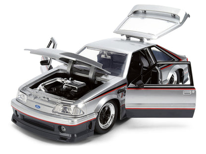 1989 Ford Mustang GT Silver Metallic and Gray with Black and Red Stripes "AutoWorks" Series 1/24 Diecast Car Model by Jada-1
