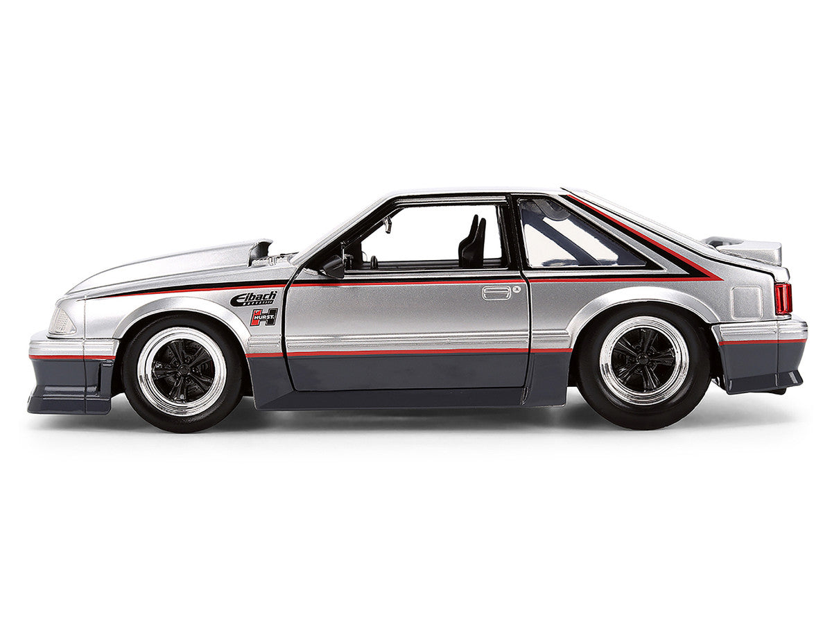 1989 Ford Mustang GT Silver Metallic and Gray with Black and Red Stripes "AutoWorks" Series 1/24 Diecast Car Model by Jada-2