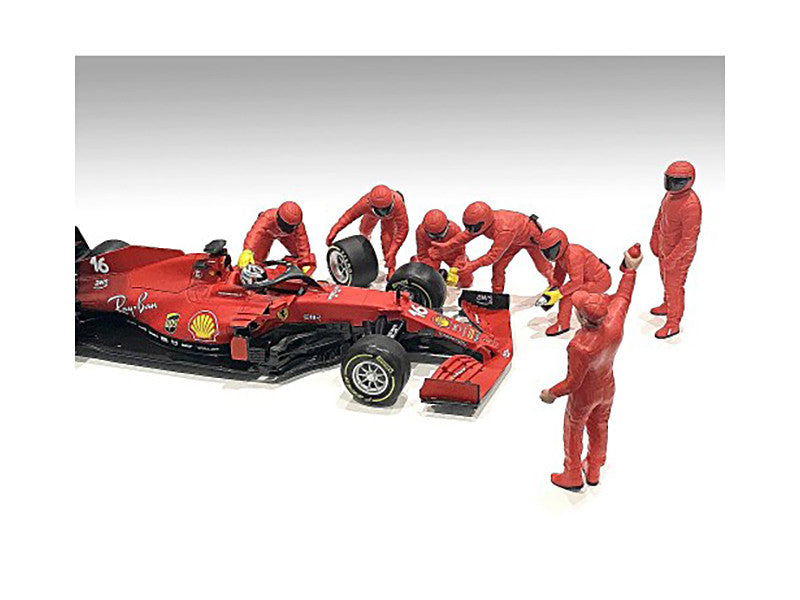 Formula One F1 Pit Crew 7 Figure Set Team Red Release III for 1/43 Scale Models by American Diorama by American Diorama