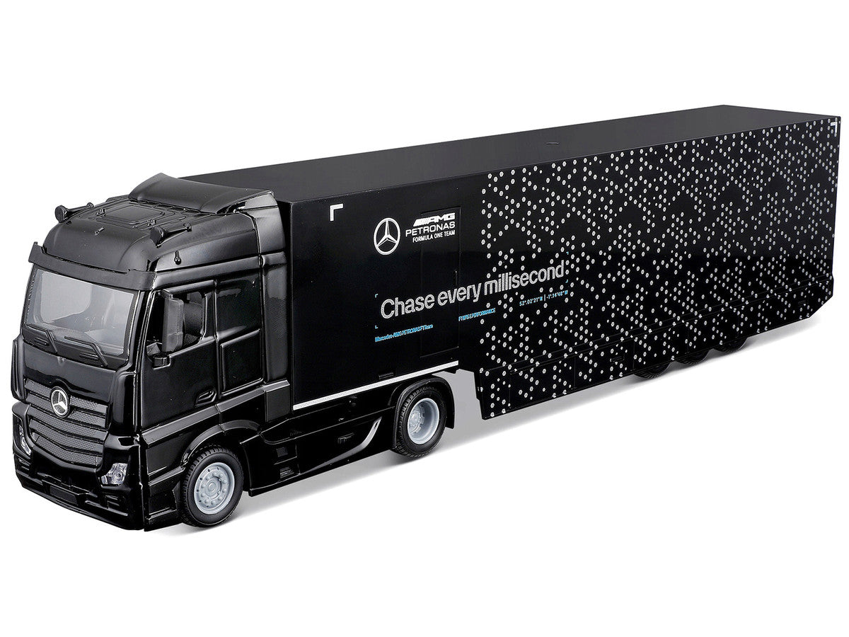 Mercedes-Benz Actros Gigaspace Car Transporter Black and Mercedes-AMG F1 W15 E Performance #63 George Russell "Petronas" Formula One F1 World Championship (2024) "Racing Hauler" Series 1/43 Diecast Model Car by Bburago by Bburago