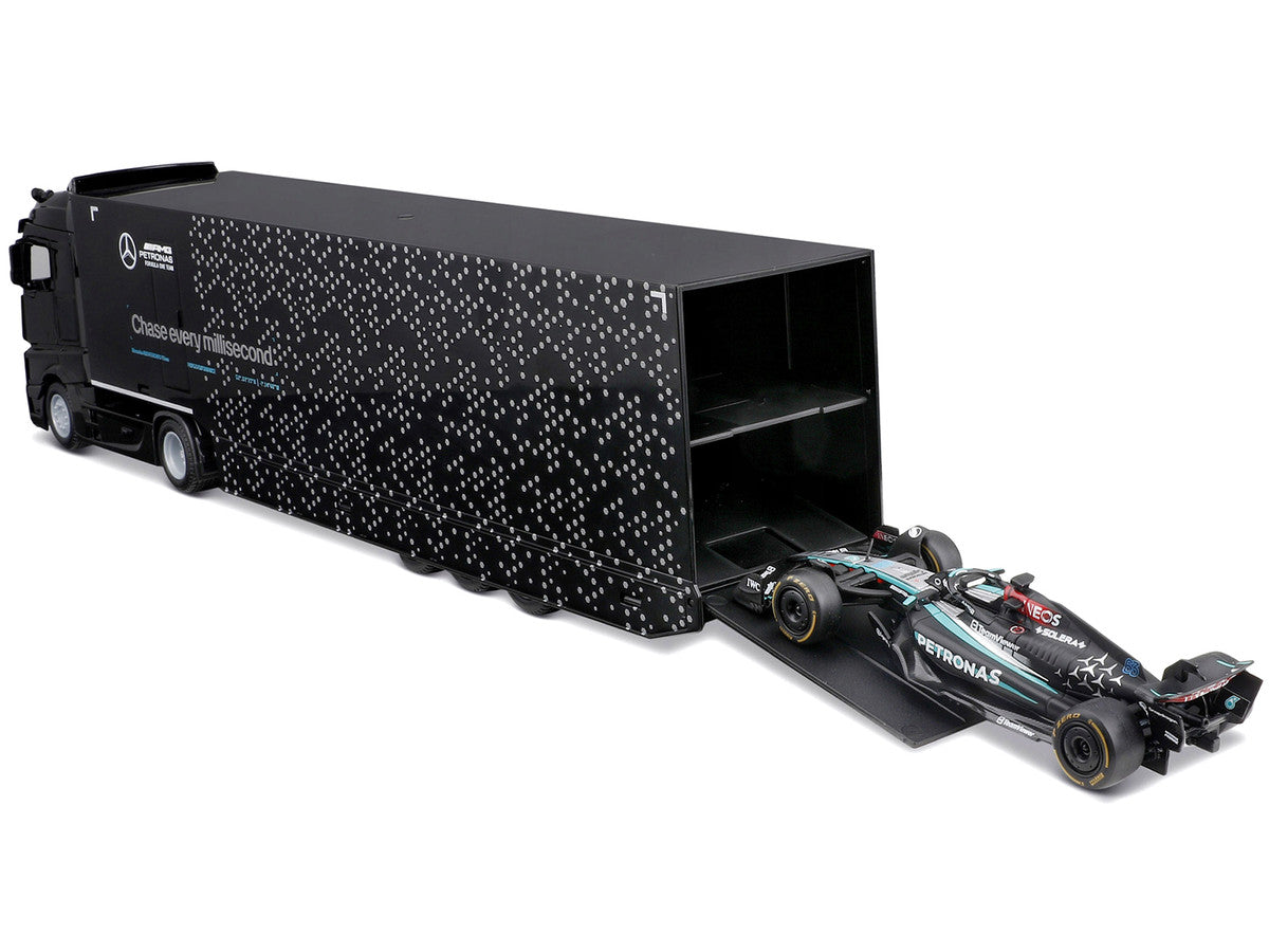 Mercedes-Benz Actros Gigaspace Car Transporter Black and Mercedes-AMG F1 W15 E Performance #63 George Russell "Petronas" Formula One F1 World Championship (2024) "Racing Hauler" Series 1/43 Diecast Model Car by Bburago by Bburago