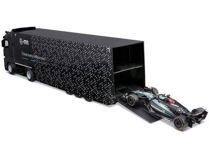 Mercedes-Benz Actros Gigaspace Car Transporter Black and Mercedes-AMG F1 W15 E Performance #63 George Russell "Petronas" Formula One F1 World Championship (2024) "Racing Hauler" Series 1/43 Diecast Model Car by Bburago by Bburago