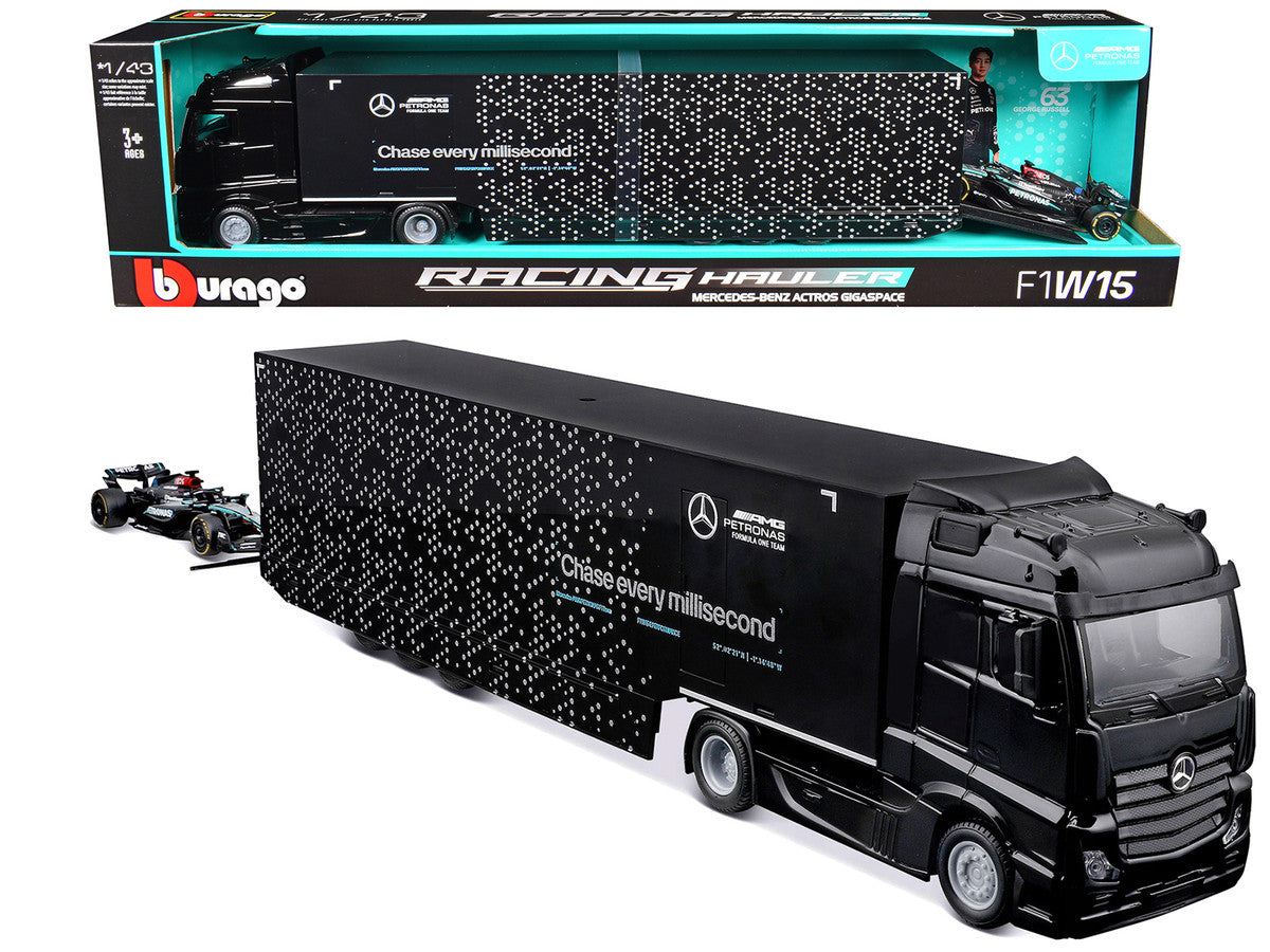 Mercedes-Benz Actros Gigaspace Car Transporter Black and Mercedes-AMG F1 W15 E Performance #63 George Russell "Petronas" Formula One F1 World Championship (2024) "Racing Hauler" Series 1/43 Diecast Model Car by Bburago by Bburago