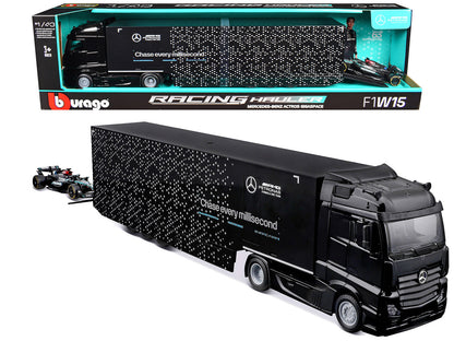 Mercedes-Benz Actros Gigaspace Car Transporter Black and Mercedes-AMG F1 W15 E Performance #63 George Russell "Petronas" Formula One F1 World Championship (2024) "Racing Hauler" Series 1/43 Diecast Model Car by Bburago by Bburago