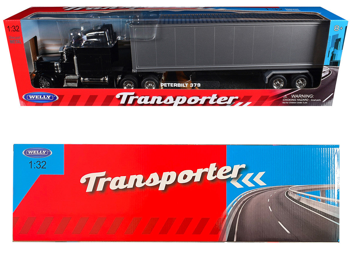 Peterbilt 379 Truck Black with Silver Container "Transporter" Series 1/32 Diecast Model by Welly by Welly