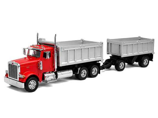 Peterbilt 379 Dump Truck Red with Gray Double Dump Trailer "Transporter" Series 1/32 Diecast Model by Welly by Welly