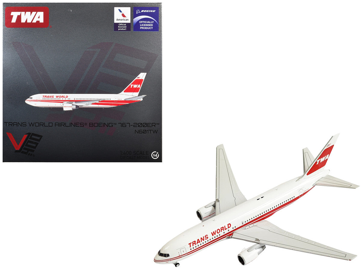 Boeing 767-200ER Commercial Aircraft "Trans World Airlines" (N601TW) White with Red Stripes 1/400 Diecast Model by V1:400 by V1:400