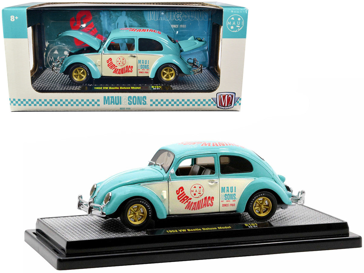 1952 Volkswagen Beetle Deluxe Model Light Blue and Wimbledon White “Maui & Sons” Limited Edition to 3850 pieces Worldwide 1/24 Diecast Model Car by M2 Machines by M2