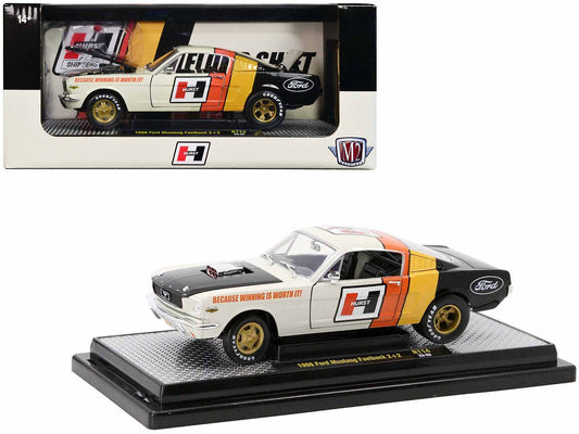 1966 Ford Mustang Fastback 2+2 Off White and Black with Red and Yellow Stripes "Hurst Shifters" Limited Edition to 6000 pieces Worldwide 1/24 Diecast Model Car by M2 Machines by M2
