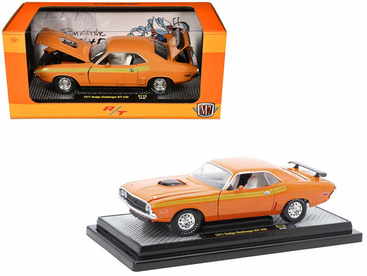1971 Dodge Challenger R/T 440 Orange with Yellow Stripes and White Interior Limited Edition to 5250 pieces Worldwide 1/24 Diecast Model Car by M2 Machines by M2