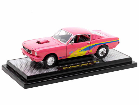 1966 Ford Mustang Fastback 2+2 Pink with Blue and Yellow Stripes "Pro Street" Limited Edition to 6250 pieces Worldwide 1/24 Diecast Model Car by M2 Machines by M2