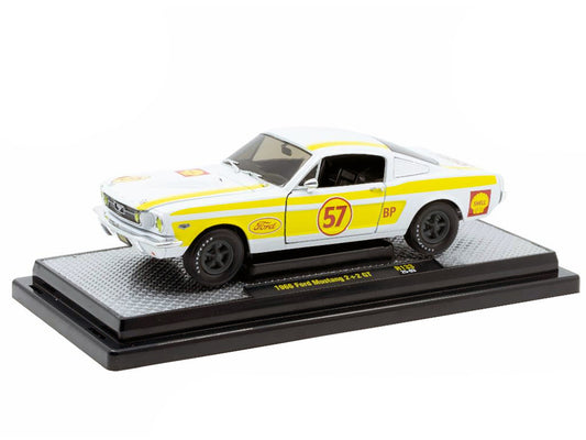 1966 Ford Mustang 2+2 GT #57 "Shell Oil" White with Yellow Stripes Limited Edition to 5650 pieces Worldwide 1/24 Diecast Model Car by M2 Machines by M2