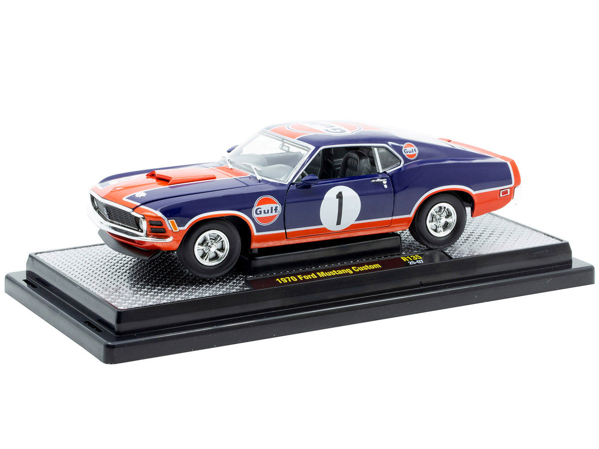 1970 Ford Mustang Custom #1 "Gulf Oil" Dark Blue with Orange Graphics Limited Edition to 7850 pieces Worldwide 1/24 Diecast Model Car by M2 Machines by M2